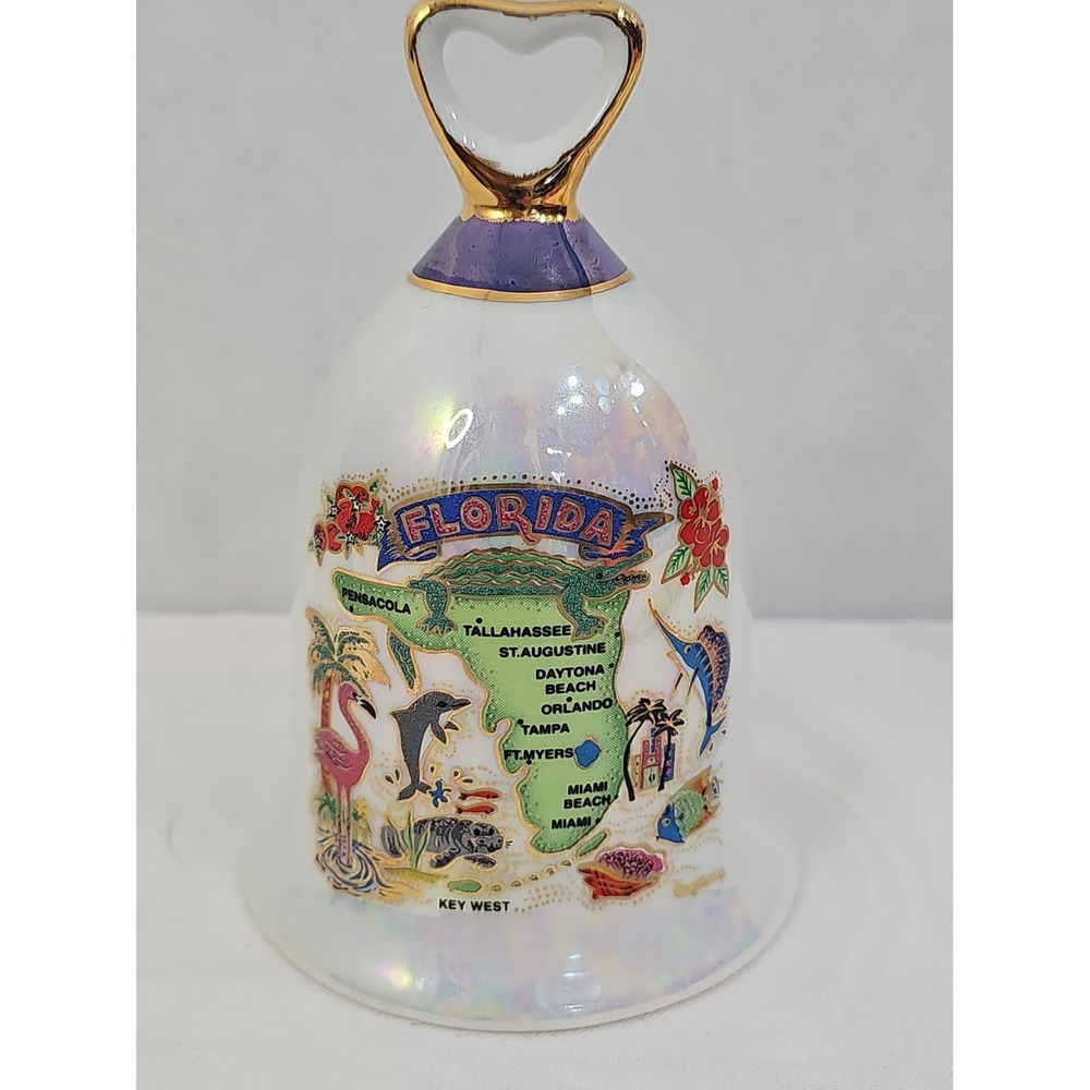 Vintage Florida State Souvenir Bell Iridescent Lusterware Ceramic Map/Dolphin 5" - Picture 3 of 4